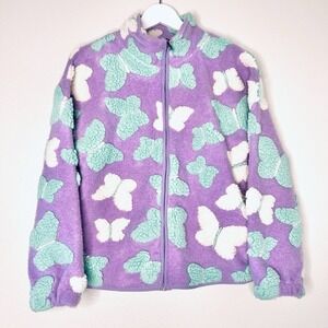 Lucky Brand Purple Butterfly Fleece Jacket Kids L 14‎ 16 Zip Up Cozy Outerwear